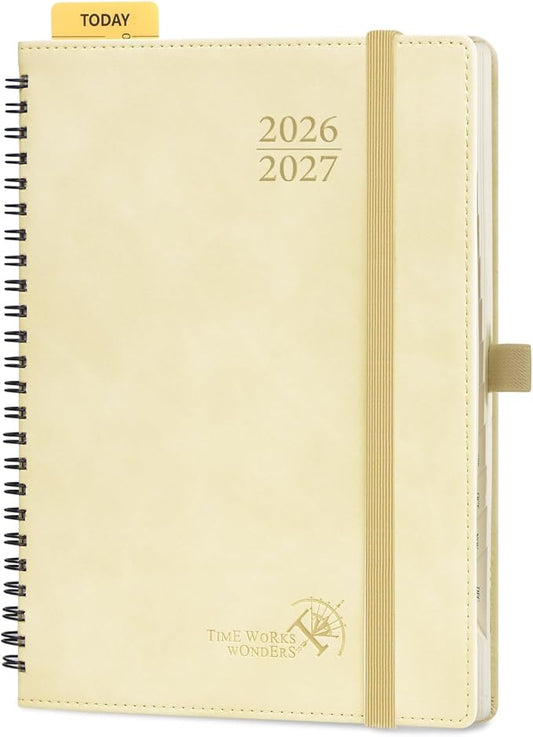 POPRUN Weekly Planner 2026-2027, 6.5" x 8.5", (July 26-June 27) Academic Weekly and Monthly Planner, Calendar Notebook 2026-2027 Agenda for School, College, Spiral Leather Softcover - Beige