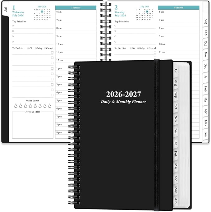 2026-2027 Daily & Monthly Planner - One Page Per Day, Daily Planner from July 2026 to June 2027, Planner 2026-2027 with 12 Monthly Tabs, 6.4" x 8.5", Black