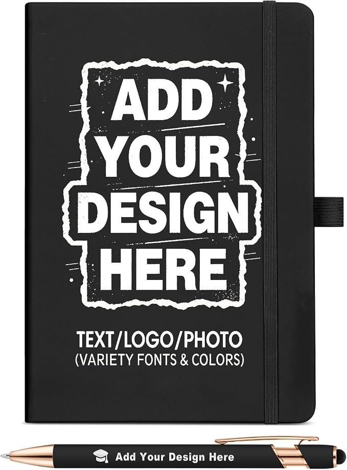 ENOMY Custom A5 Notebook Set with 10 Personalized Pens PU Leather Journal Gift, Black