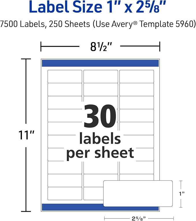 Avery Easy Peel Printable Address Labels with Sure Feed, 1" x 2-5/8" Customizable Stickers, White, 7,500 Blank Mailing Labels, Great for Mailing, Shipping, and More (5960)