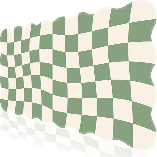 L-SPOUTTO Green Mouse Pad,Geometric Desk Mat XXL Large Scalloped Gaming Mousepad,35.4x15.7in Non-Slip Rubber Base Keyboard Pad Waterproof Desktop Mat for Laptop Computer Game Home Office-Checkered