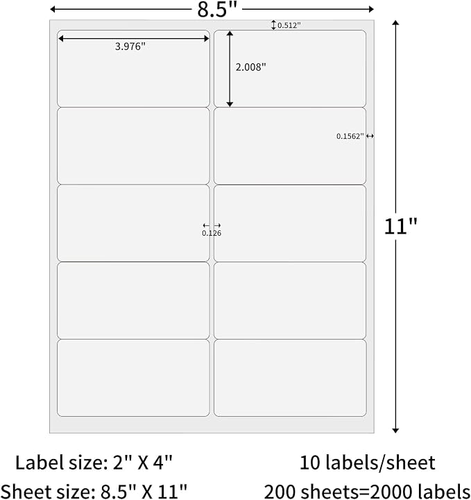 (200 Sheets 2000 Labels) Mailing Labels for Laser and Inkjet Printer, 2x4 Label Printer Paper, 10 UP Permanent Adhesive Address Shipping Labels