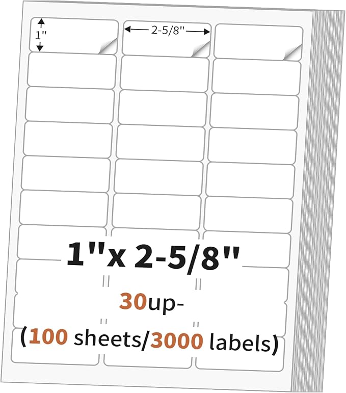 1" x 2 5/8" (100 Sheets) Address Labels, Labels Sticker Paper for Laser/Ink Jet Printer, Printable and Writable White Sticker Labels- Matte, 30 per Page Labels (Total 3000 Labels)