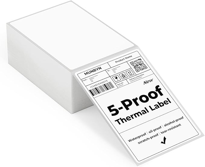 MUNBYN 4"x6" Direct Thermal Shipping Labels for Packages, 380 Sheets/Stack | 4"x6" Fanfold Thermal Labels, Durable Waterproof, Oil-Proof, Scratch-Proof, Alcohol-Resistant, Tear-Resistant