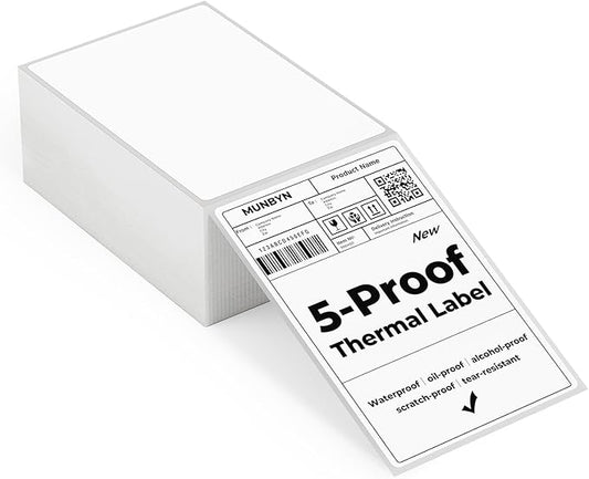 MUNBYN 4"x6" Direct Thermal Shipping Labels for Packages, 380 Sheets/Stack | 4"x6" Fanfold Thermal Labels, Durable Waterproof, Oil-Proof, Scratch-Proof, Alcohol-Resistant, Tear-Resistant
