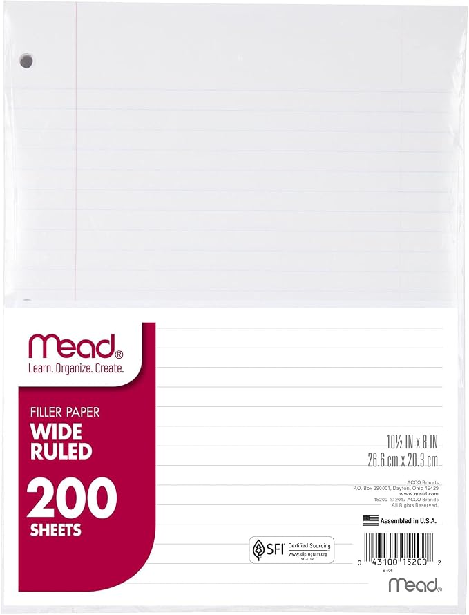 Mead Loose Leaf Paper, Wide Ruled Filler Notebook Paper, 8" x 10-1/2", 200 Sheets, Fits 3-Ring Binder (15200)