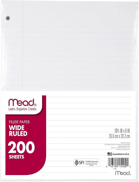 Mead Loose Leaf Paper, Wide Ruled Filler Notebook Paper, 8" x 10-1/2", 200 Sheets, Fits 3-Ring Binder (15200)