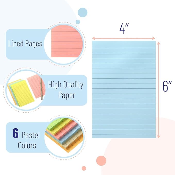 Mr. Pen- Lined Sticky Notes, 4" x 6", 24 Pads, 45 Sheets/Pad | Bulk Sticky Notes with Lines, Ruled Stickies, Memo Pads, Self-Stick Note Pad for Office, School, Home, Study & Organization