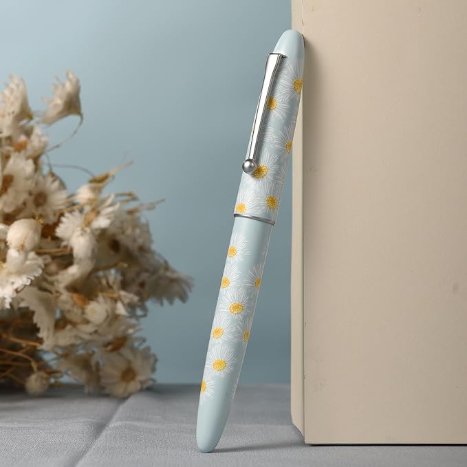 HONG DIAN C3 Fountain Pen, Iridium Fine Soft Nib Chinese Knot Carving, Light Blue & Little Daisy Painting Design with Metal Box Set