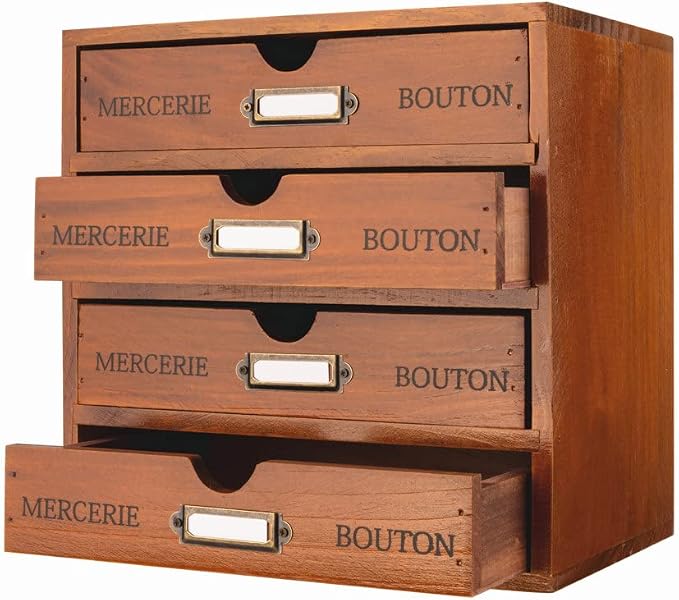 Small Wooden Drawers Wooden Box with Drawer Brown | 4 Drawer Storage Box for Apothecary Cabinet, Apothecary Drawers，Desktop Organizer with Metal Handles for Office，Home