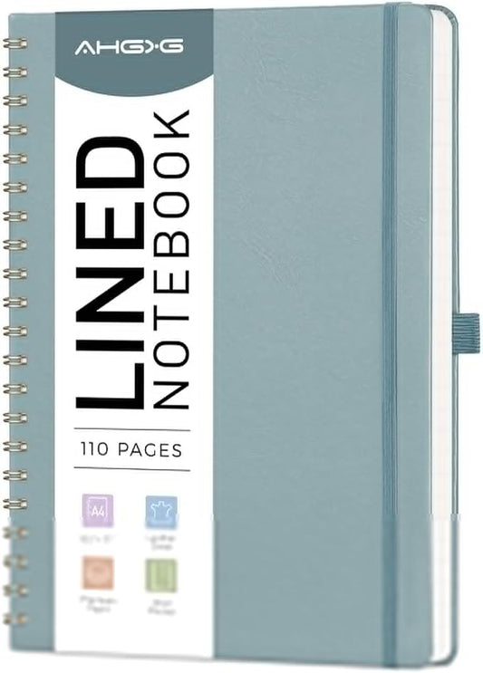 AHGXG Lined Spiral Journal Notebook, 110 Pages, A4 (8.5" x 11") | Journals for Women, Hardcover Leather Notebook College Ruled, 100 GSM Paper, for Work School Note Taking (Gray Blue)