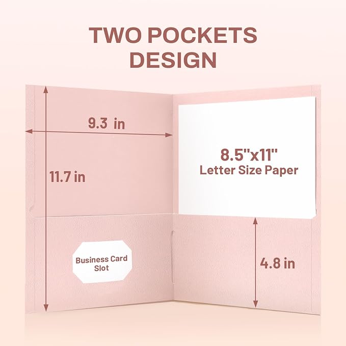 SUNEE Two Pocket Folders, 25 Pack File Folders with Business Card Slot, Textured Paper, Fit Letter Size Paper, Paper File Folder for School Office Home Business, Pink