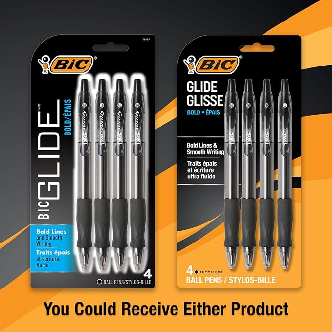 BIC Glide Bold Black Ballpoint Pens,Bold Point (1.6mm),Retractable Ballpoint Pens With Comfortable Full Grip,4 Count (Pack of 2)