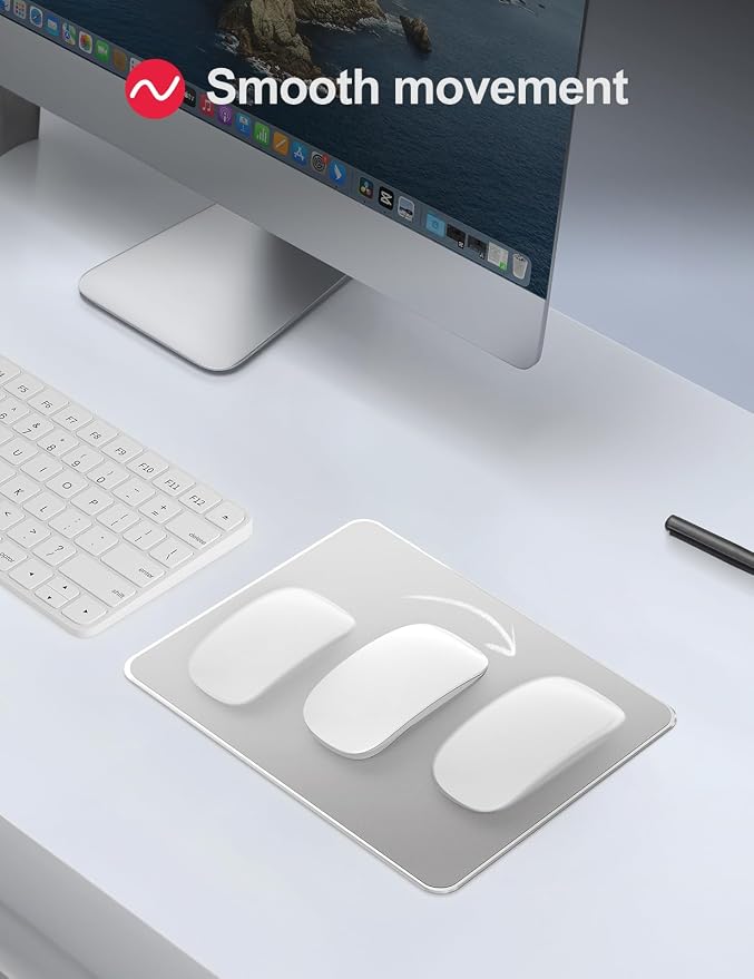 Vaydeer Hard Metal Aluminum Mouse Pad Clear Modern Smooth Magic Ultra Thin Double Side Design Mouse Mat Waterproof Fast and Accurate Control Compatible for Gaming and Office, Silver, 9.05X7.08 Inch