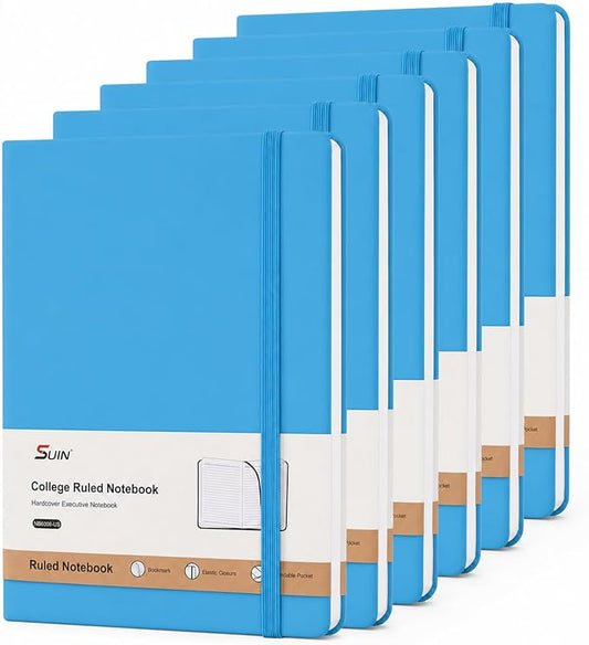 SUIN Hardcover-Journal-Notebooks, A5 Lined Journals Notebook for Writing 200 Pages, 8.2 x 5.5 inch, Classic Ruled Notebooks for Work/Travel/College (Light Blue - 6 Pack)