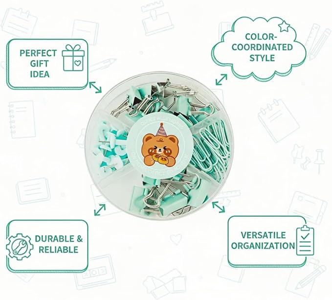 45 Pcs Metal Binder Clips Set with Pushpins,Cute Green Desk Supplies Multi-Size Binder Clips,Glossy Tacks, and Reusable Paper Clips.Portable case for School/Office.Perfect Green Desk Accessory Gift