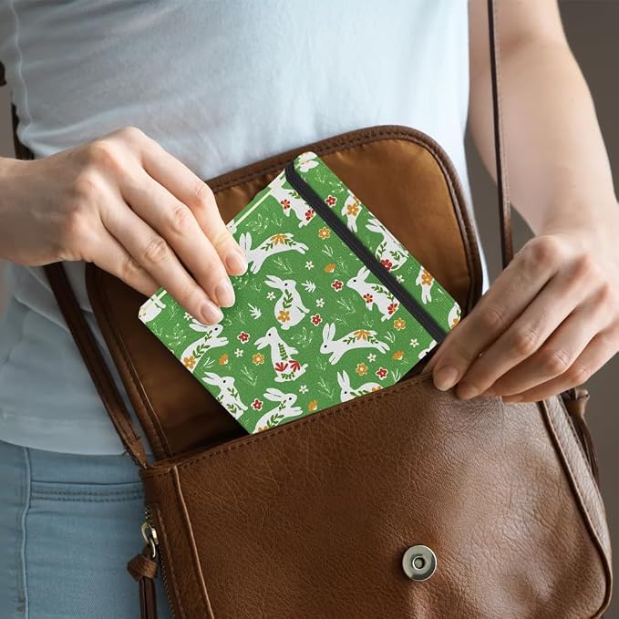 E-WEICHEN Square 4.8x4.8 inches 80gsm 96sheets/192 Pages Notebooks Blank Sketchbooks Travel Journal Pocket Hardcover Paint Writing Diary Memo Planner Cloth Cover. Green Rabbit