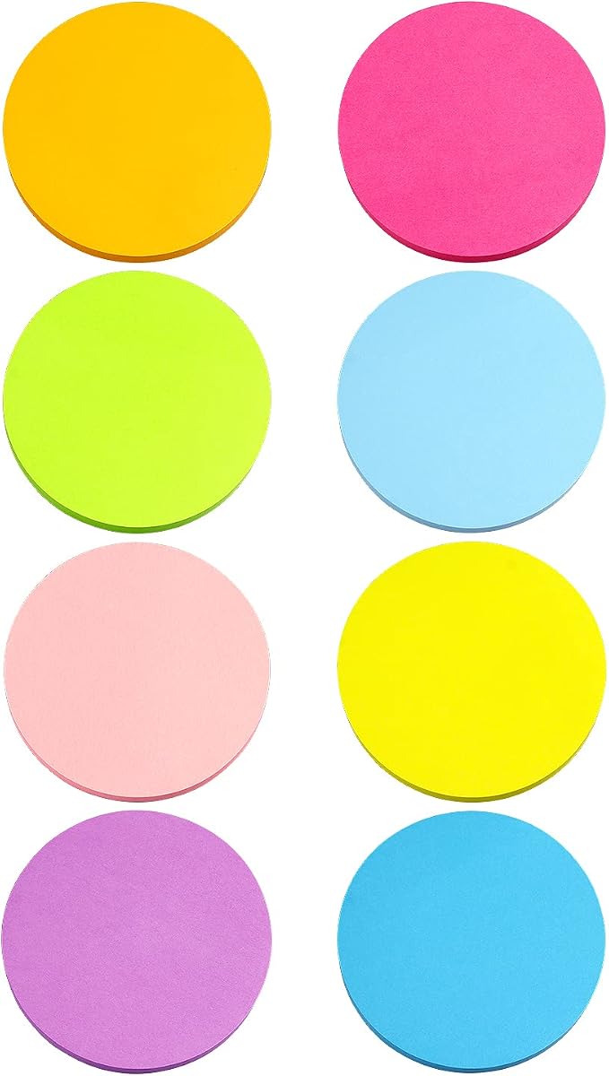 SIMONA Round Sticky Notes 8 Bright Colors, 600 Sheets | Fun Round Shape Self-Sticky Note Pads, 8 Assorted Bright Colors Sticky Notes for Office, School, Family