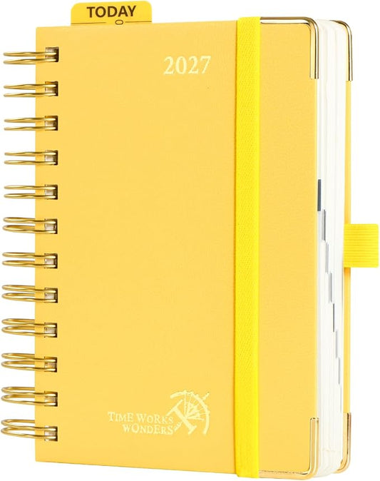 POPRUN 2027 Daily Planner One Page Per Day, Small 4.25" x 6.25", Calendar Book from Jan 2027 - Dec 2027, Hardcover Appointment Book with Hourly Time Slots, Spiral Bound - Light Yellow