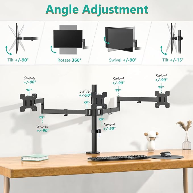WALI Adjustable Triple Monitor Mount for 13-27 inch Screens, 22 lbs per Arm | 3 Monitor Desk Mount, Full Motion with Tilt, Swivel, Rotation, C-Clamp & Grommet Base, VESA 75/100mm (M003S), Black