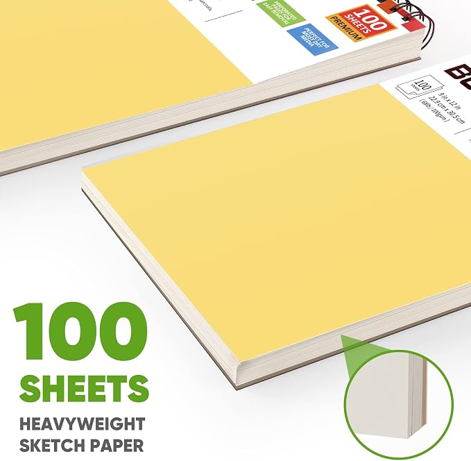 Soucolor 9x12 Spiral Sketch Book,100 Sheets, Acid-Free Drawing Pad for Kids | Top spiral-bound sketchbook with 68lb acid-free paper,micro-perforated pages, and flat-lay design,for all artists