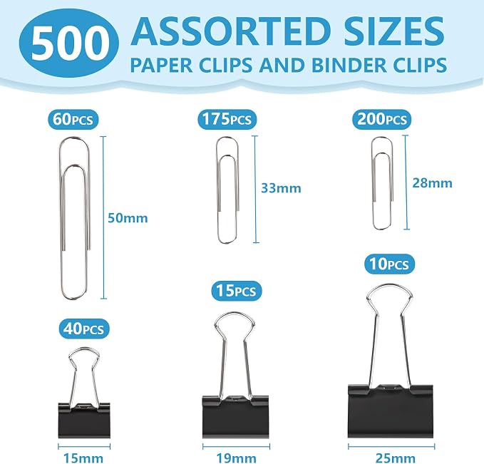 500PCS Paper Clips and Binder Clips Assorted Sizes,3 Sizes in One Pack, Large, Medium, Small,Silver PaperClips & Black Binder Clips for Home, School, Office Supplies