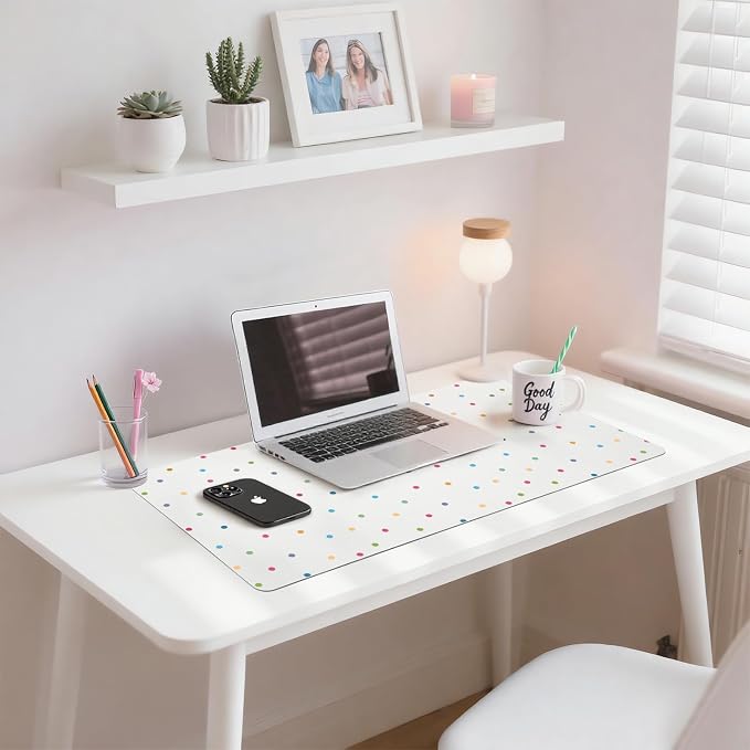 Kawaii Polka Dot Leather Desk Mat Extended Gaming Mouse Pad | Non-slip Large Writing Pad Laptop Blotter Computer Keyboard Mat | Cute White Desk Protector for Home Office 27.6" x 13.8"