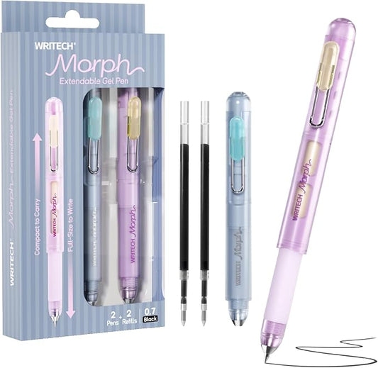WRITECH Morph Extendable Gel Pens: 0.7mm Medium Point Black Ink Pocket-to-Full-Size Design Translucent Soft Grip Barrel Includes 2 Pens and 2 Refills Dual-Length Pocket Pen 4.6" to 6.1"