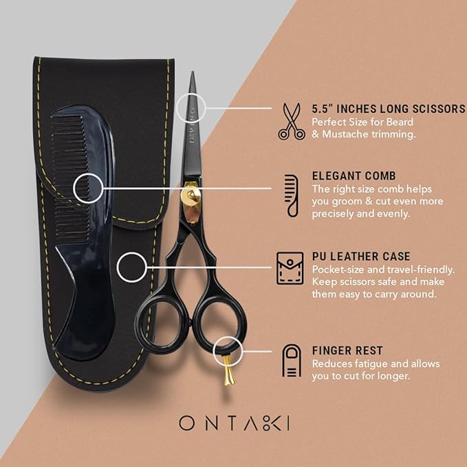 Ontaki Beard & Mustache Scissors for Men - 5.5" Japanese Steel, Black | Precision Sharp Blades, Ergonomic Finger Rest & Adjustable Tension Screw for Perfect Trimming - Beard Grooming Scissors