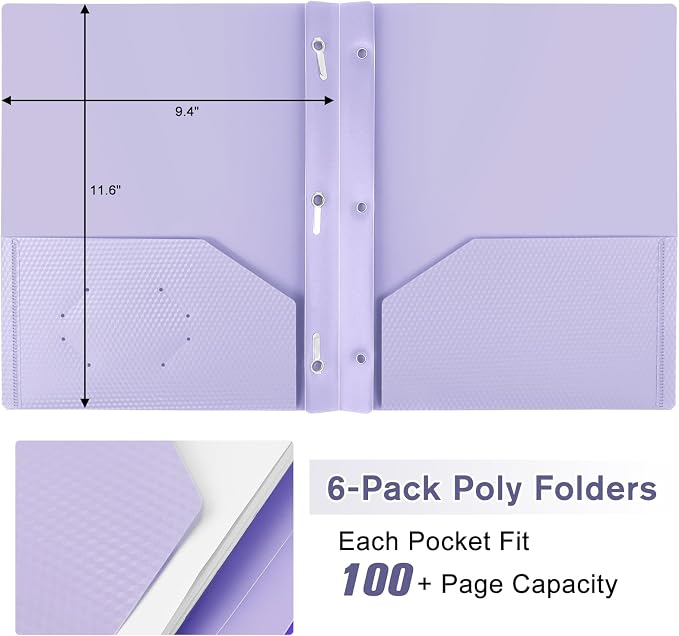 6-Pack Plastic andPockets and Prongs,2-Pocket and3 Fasteners, Pastel Folders Holds 8-1/2" x 11" Paper for School/Office/Home, Purple