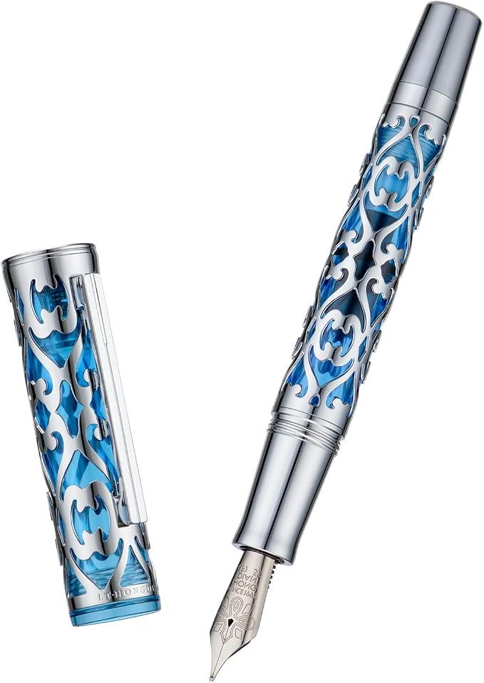 HONG DIAN D1 Piston Fountain Pen Fine Soft Nib, Silver Blue Hollow Skeleton & Resin Pen with Metal Case Set