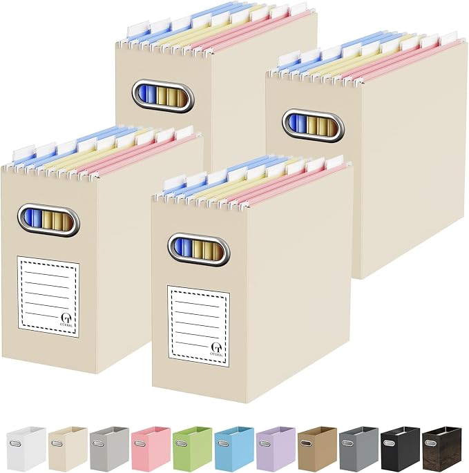 Oterri File Organizer Box, Portable Collapsible Cardboard File Folder Organizer with Handle for Letter Size Hanging Files, Document Storage Box for Home Office & Classroom (4 Packs, Beige)