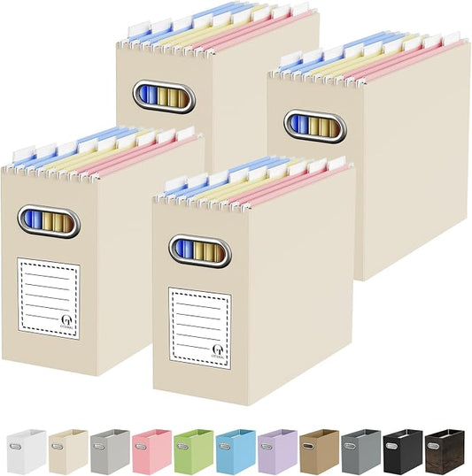 Oterri File Organizer Box, Portable Collapsible Cardboard File Folder Organizer with Handle for Letter Size Hanging Files, Document Storage Box for Home Office & Classroom (4 Packs, Beige)