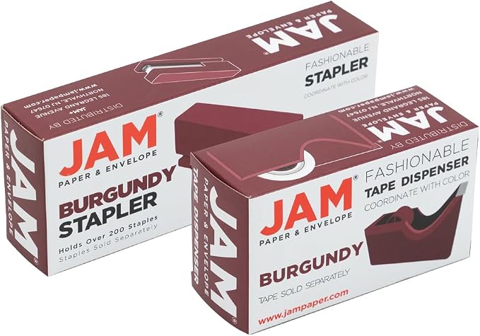JAM PAPER Office & Desk Sets - 1 Stapler & 1 Tape Dispenser - Burgundy - 2/Pack