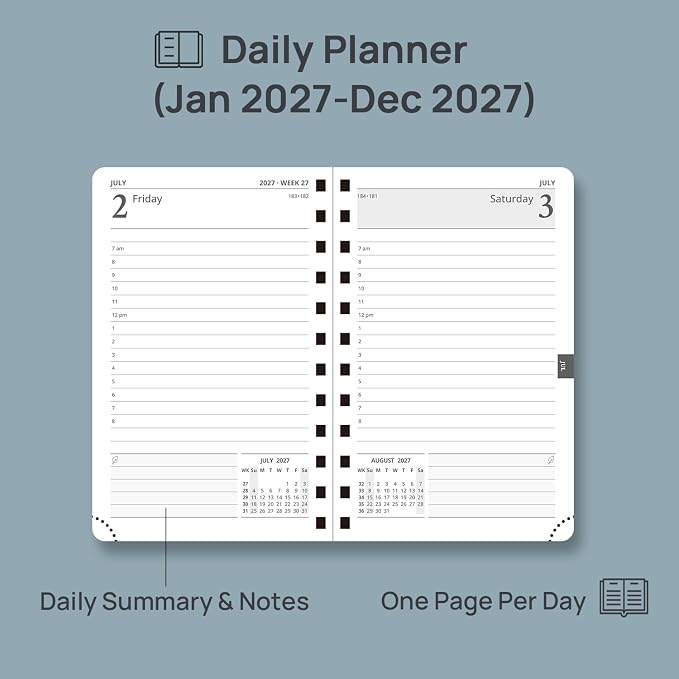 POPRUN 2027 Daily Planner One Page Per Day, Small 4.25" x 6.25", Calendar Book from Jan 2027 - Dec 2027, Hardcover Appointment Book with Hourly Time Slots, Spiral Bound - Pacific Green