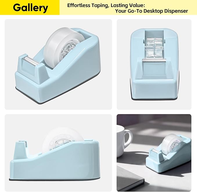 Desktop Office Tape Dispenser, Fits Standard 1-Inch Core Tapes, Weighted Non-Slip Base, Sharp Metal Blade, Smooth Cutting, Adhesive Roll Holder for Office, School, Shop, Home & Business - Blue