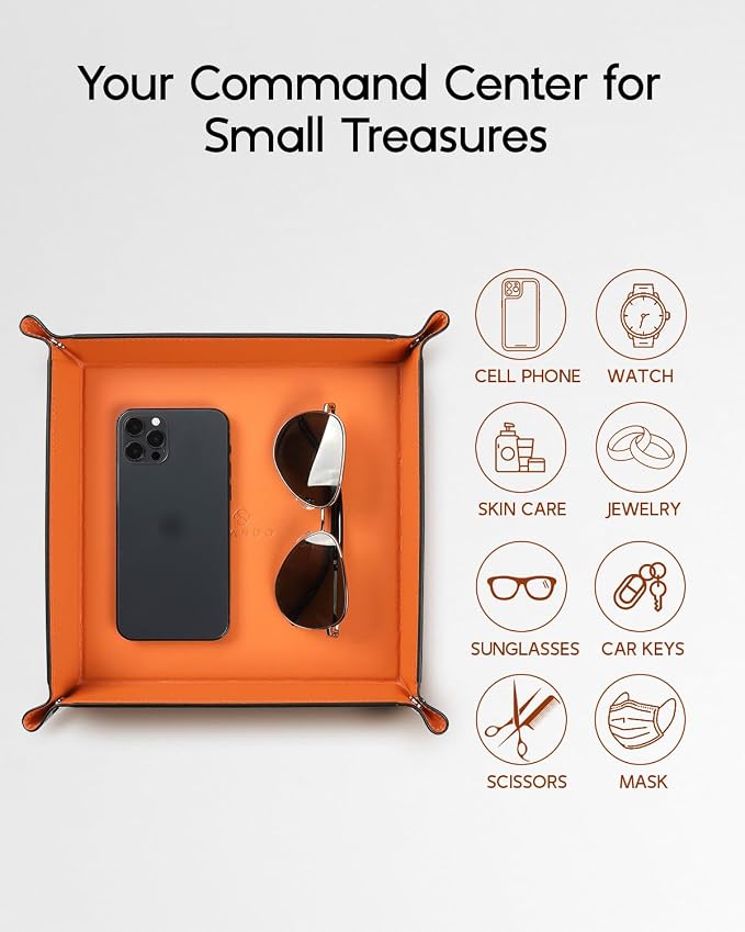 VLANDO Travel Valet Tray, Foldable PU Leather Catchall Tray, Orange Black | Valet Tray for Men and Women, Key Wallet Watch Phone Jewelry Organizer for Nightstand, Dresser, Desk, Entryway, Hotel, Dorm