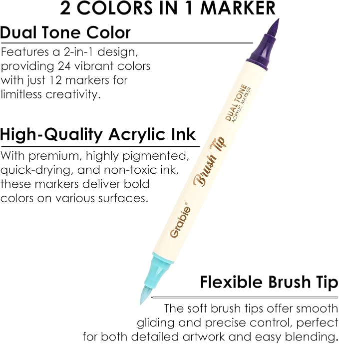 Grabie 24 Colors Acrylic Paint Markers, 12 Pack Dual Tip Soft Brush Acrylic Markers, Water-Based Paint Pens for Paper, Rock Painting, Wood, Glass, Canvas, DIY Craft Art Supplies for Adult & Kids