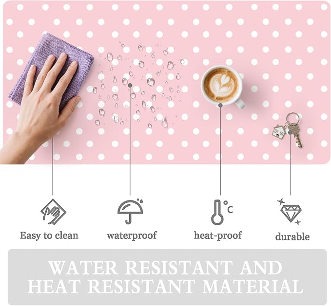 White Polka Dot Leather Desk Mat Extended Gaming Mouse Pad | Non-slip Large Writing Pad Laptop Blotter Computer Keyboard Mat | Cute Pink Desk Protector for Home Office 23.6" x 11.8"