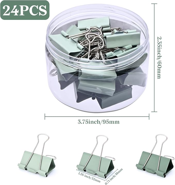 Temiary Aesthetic Binder Clips, Medium Metal Binder Clip with Clear Storage Container, Binding Paperwork Clamps for School Teachers Office Supplies (Green 1.26 Inch, 24P)
