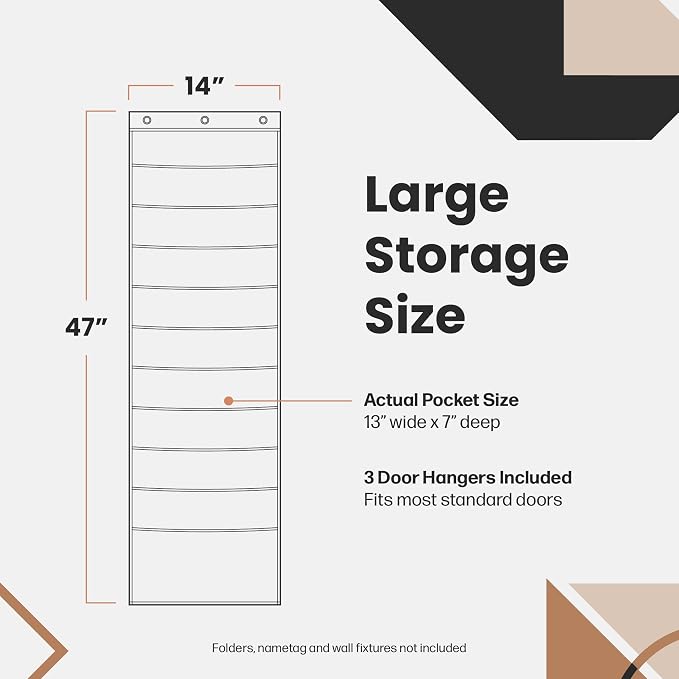 Hippo Creation Heavy Duty Storage Pocket Chart for Classroom, 10 Pocket Storage Organizer with 3 Over-Door Hangers, Hanging Wall Organizer for File Folders, School Mailbox, Home Office Papers - Blue