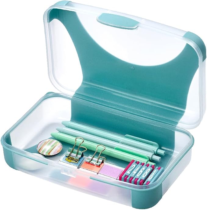 LockerMate by Bostitch Hard Pencil Case, Durable Plastic Pencil Box, Kid-Friendly Design, Teal & Clear