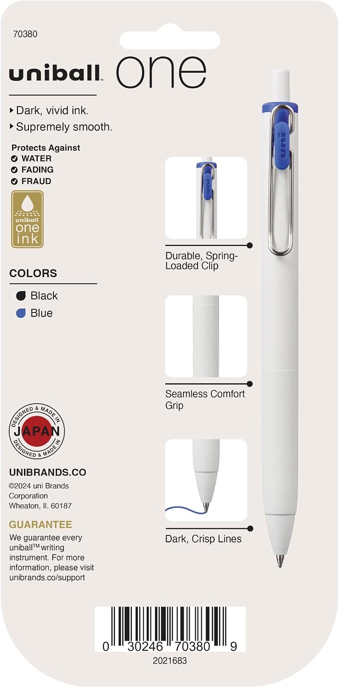 uniball™ one Gel Pens, Medium Point (0.7mm), Black and Blue Ink, 5 Pack | Ink stays on top of paper fibers for crisp vivid lines, wire pocket clip, color indicator top, smooth barrel & rubber grip