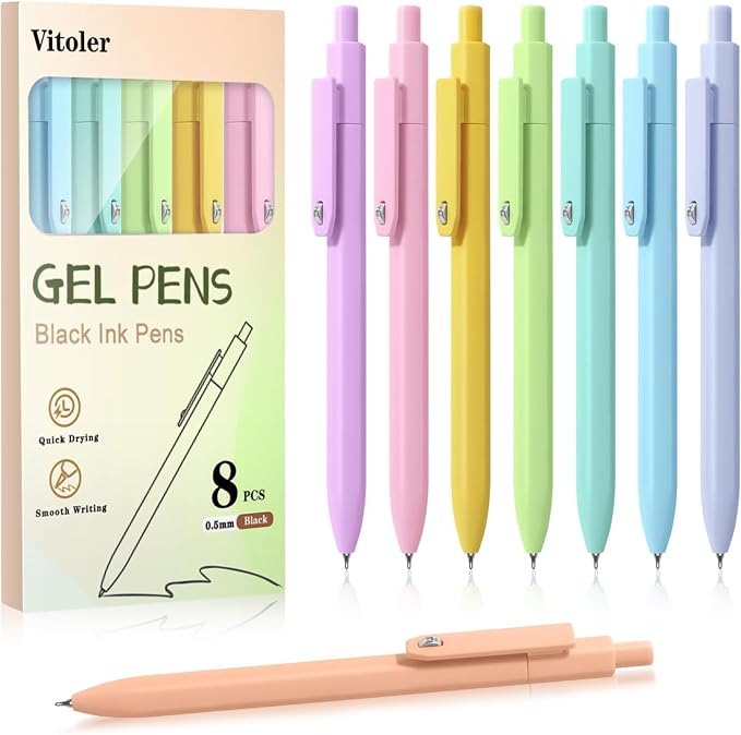 Vitoler Cute Gel Pens, 8 Pack 0.5mm Fine Point Pens with Fidget Quick Dry | For Women, For Teachers, For Nurses, Smooth Writing, Liquid Ink, For Badge, Black ink, Felt Tip, Medium Point, For Journaling