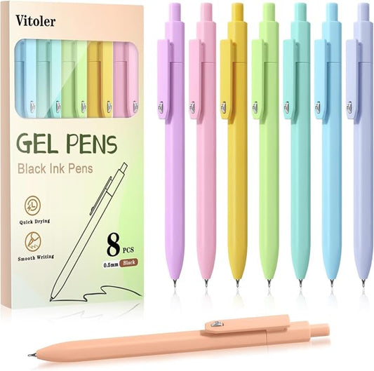 Vitoler Cute Gel Pens, 8 Pack 0.5mm Fine Point Pens with Fidget Quick Dry | For Women, For Teachers, For Nurses, Smooth Writing, Liquid Ink, For Badge, Black ink, Felt Tip, Medium Point, For Journaling