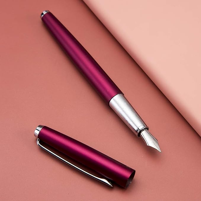 HongDian 525 Purple Metal Fountain Pen Bent Nib, Calligraphy Fude Pen 0.6mm with Converter and Metal Box Set