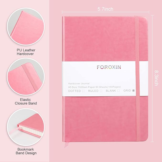 Grid Journal Bullet Notebook - Pink Leather Cover, 8.3 x 5.7Inch, 160 Pages, 100gsm Paper, Hardcover with Inner Pocket, Elastic Closure and Ribbon Bookmark, Great for Women and Men