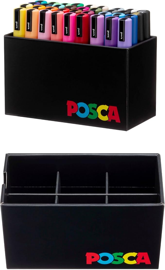 POSCA® PC-5M Paint Markers, Medium (1.8-2.5mm), Assorted, 36 Pack & Caddy | Includes POSCA display caddy with compartments, water-based opaque paint for 50+ surfaces, quick-drying, ACMI-certified