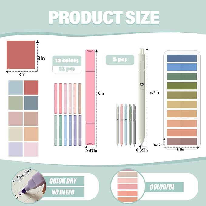 Jutom 38 Pcs Book Annotation Kit for Bible Journaling Study, Aesthetic Highlighters Pens, Index Tabs, Sticky Notes, Markers for Annotating Books Bible Page Tabs Supplies(Retro Color,Square)