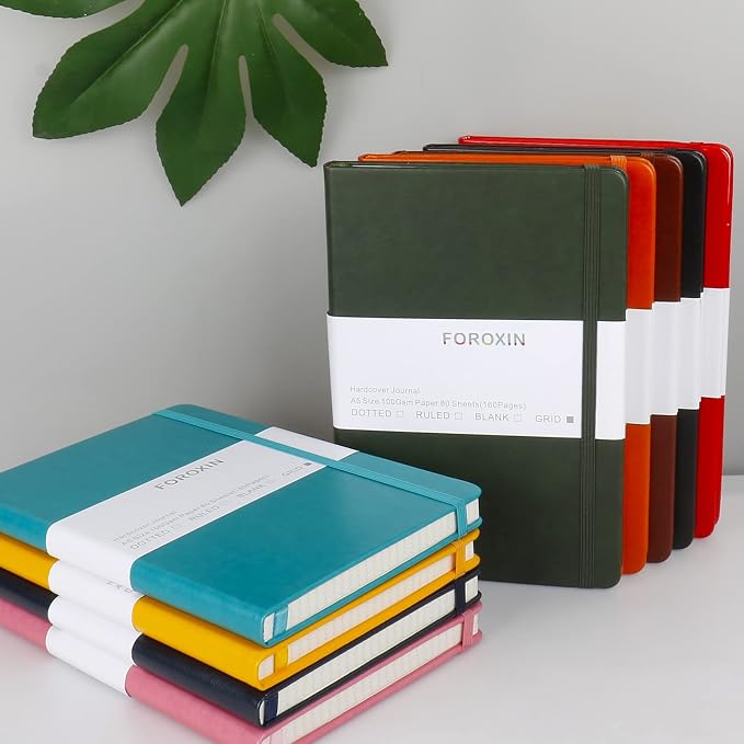 Grid Journal Bullet Notebook - Turquoise Leather Cover, 8.3 x 5.7Inch, 160 Pages, 100gsm Paper, Hardcover with Inner Pocket, Elastic Closure and Ribbon Bookmark, Great for Women and Men
